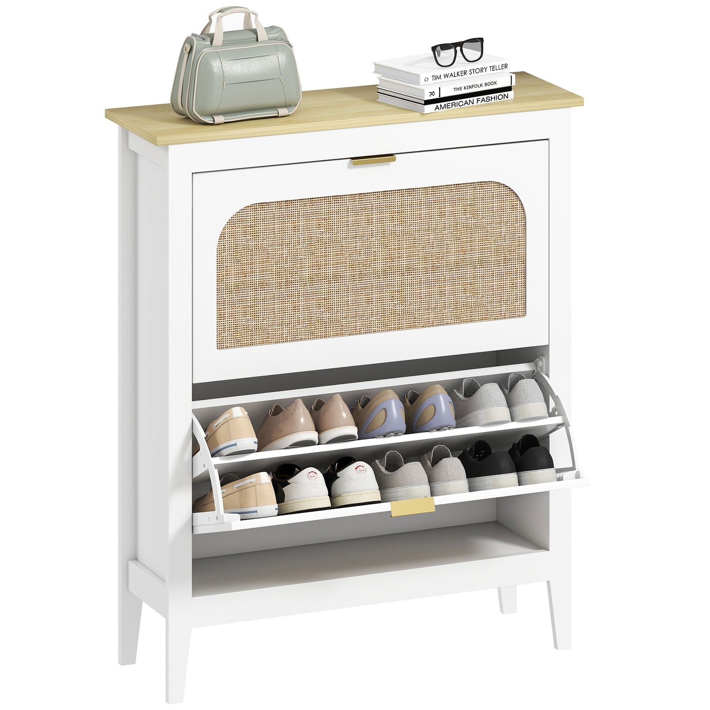 Armario estrecho para zapatos, gabinete delgado estilo boho con 2 cajones abatibles, capacidad para 14 pares, blanco
