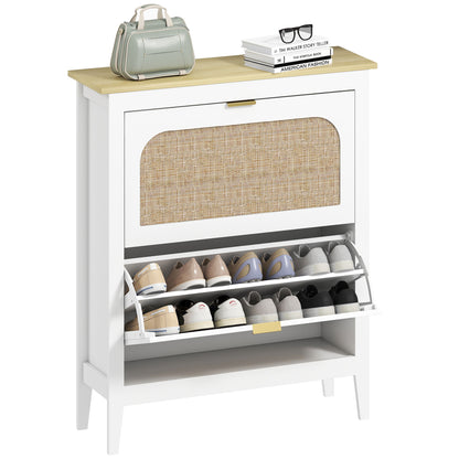 Armario estrecho para zapatos, gabinete delgado estilo boho con 2 cajones abatibles, capacidad para 14 pares, blanco