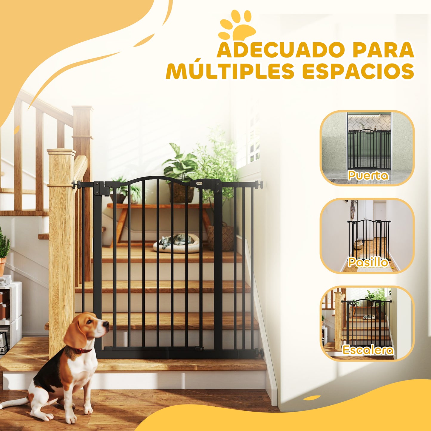 Puerta de seguridad para mascotas ajustable de metal 74-87 cm con puerta de cierre automático Negra