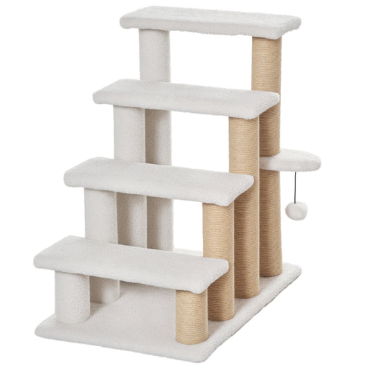 Escalera para Mascotas con Escalón de 4 Peldaños, Rascadores, Plataformas, Pelota de Juguete, para Gatos y Gatitos Mayores de Interior, Blanco