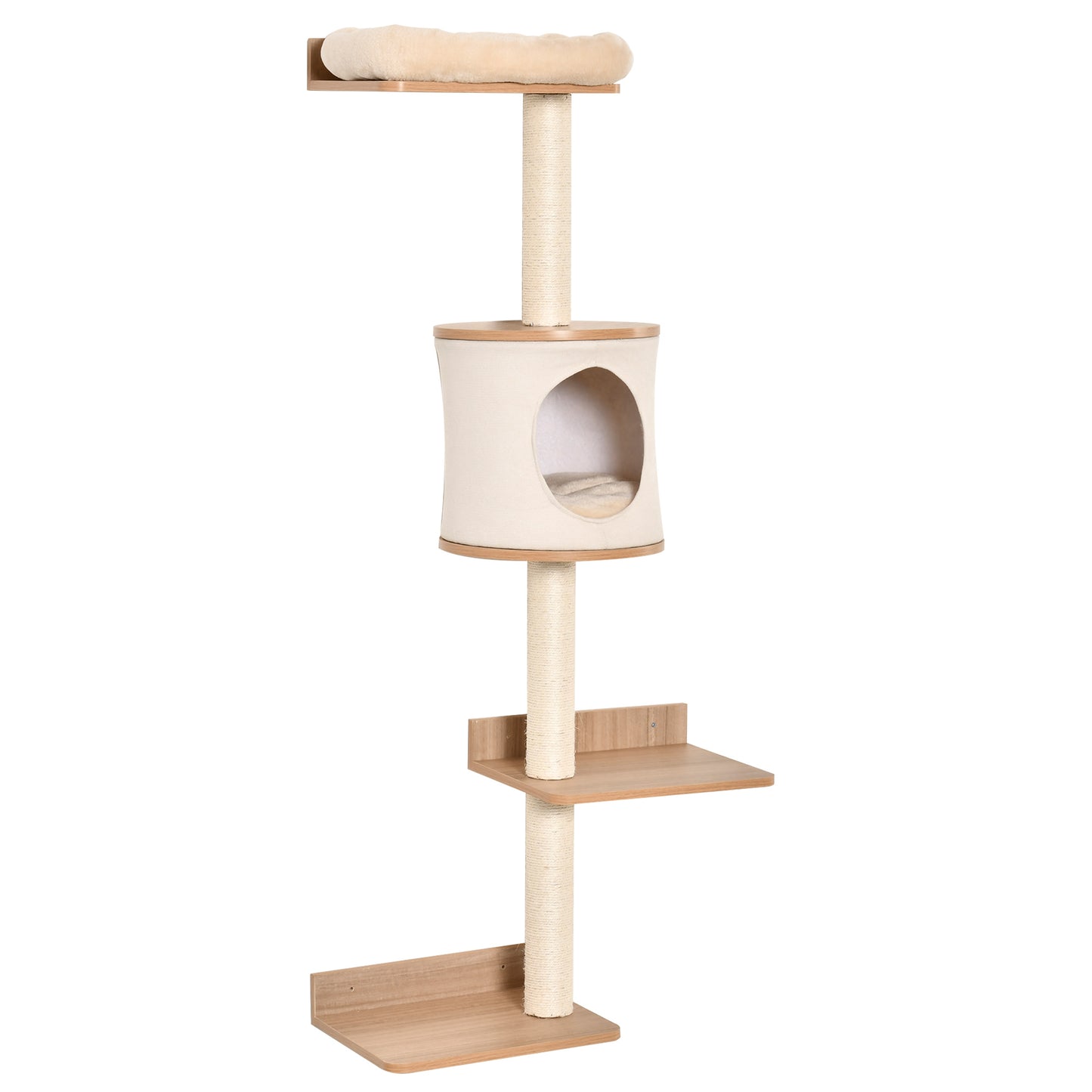 Árbol para Gatos de Pared 38x30x149 cm con Múltiples Plataformas de Madera Cueva Cama Superior Cojín Extraíble Postes Rascadores de Sisal Torre para Escalar Beige y Roble