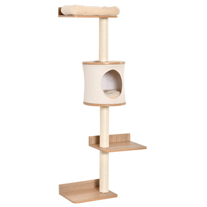 Árbol para Gatos de Pared 38x30x149 cm con Múltiples Plataformas de Madera Cueva Cama Superior Cojín Extraíble Postes Rascadores de Sisal Torre para Escalar Beige y Roble