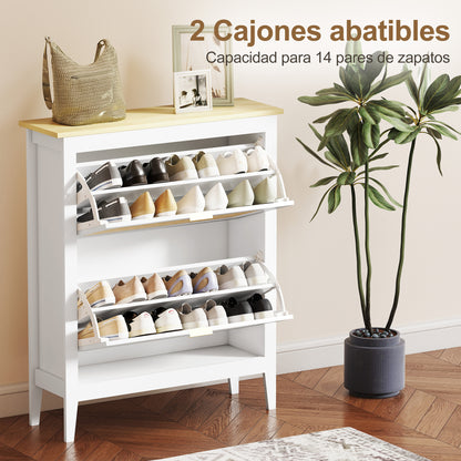 Armario estrecho para zapatos, gabinete delgado estilo boho con 2 cajones abatibles, capacidad para 14 pares, blanco