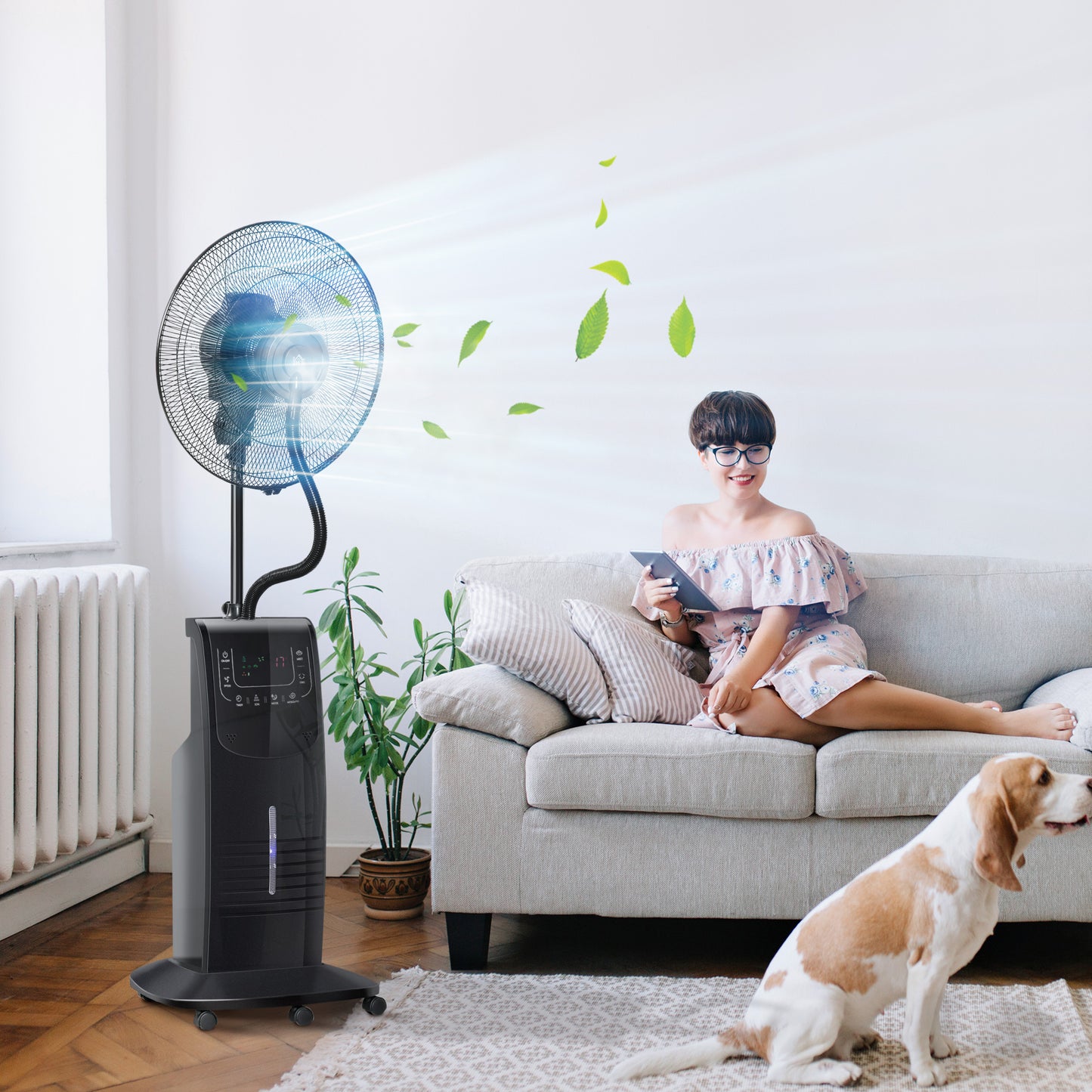 Ventilador de Pie Oscilante con Nebulizador 90W con Control Remoto 5 Aspas Tanque de Agua 3,1 L 44,5x44,5x135 cm Negro