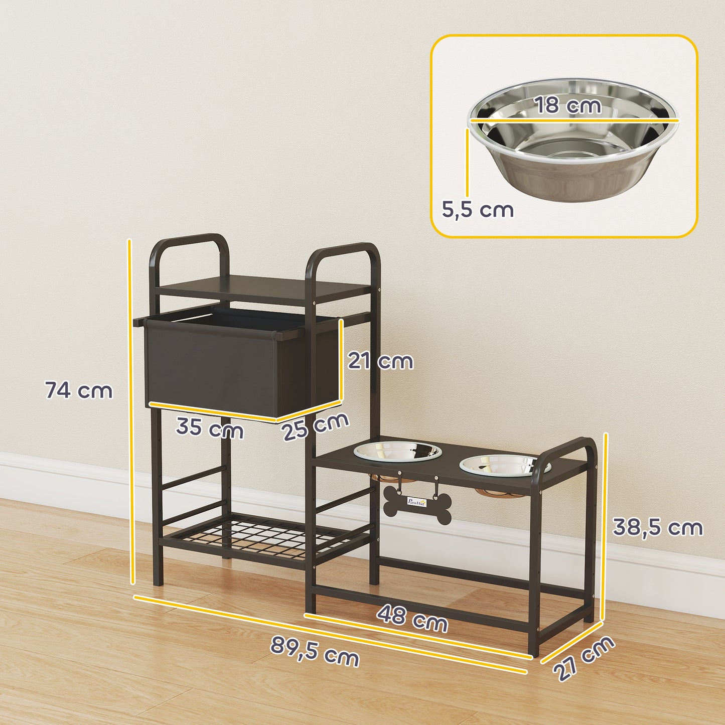 Comedero Perro Elevado con Cajón de Tela 2 Cuencos de Acero Inoxidable 2x800 ml Altura Ajustable 2 Estantes Negro