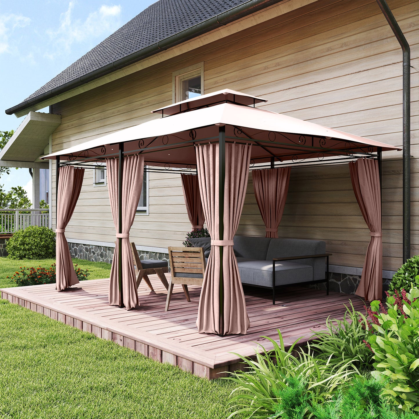 Gazebo de Jardín 4x3m con Doble Techo y Cortinas Laterales en Acero y Poliéster, Color Caqu