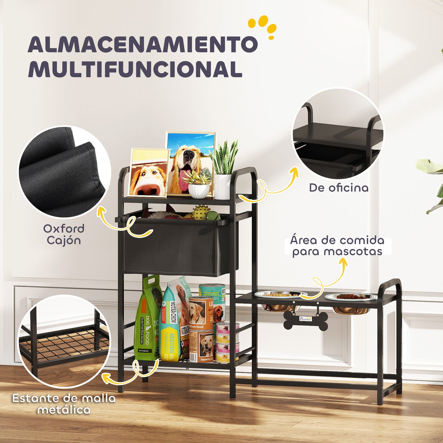 Comedero Perro Elevado con Cajón de Tela 2 Cuencos de Acero Inoxidable 2x800 ml Altura Ajustable 2 Estantes Negro