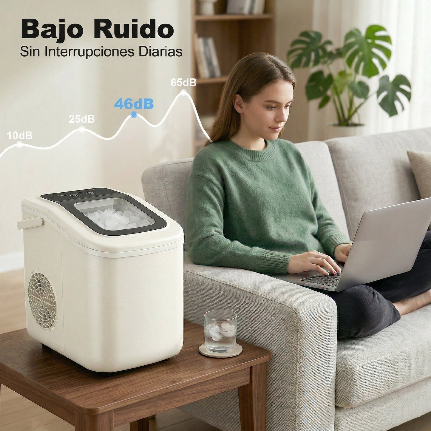 Máquina de Hielo Autolimpiable 12 kg/24H 9 Cubitos Listos en 7 Minutos 2 Tamaños de Hielo 1,2L Depósito Beige