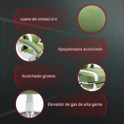 Silla Gamer Reclinable con Altura Ajustable Reposapiés Retráctil Soporte Lumbar y Reposacabezas Desmontable Verde