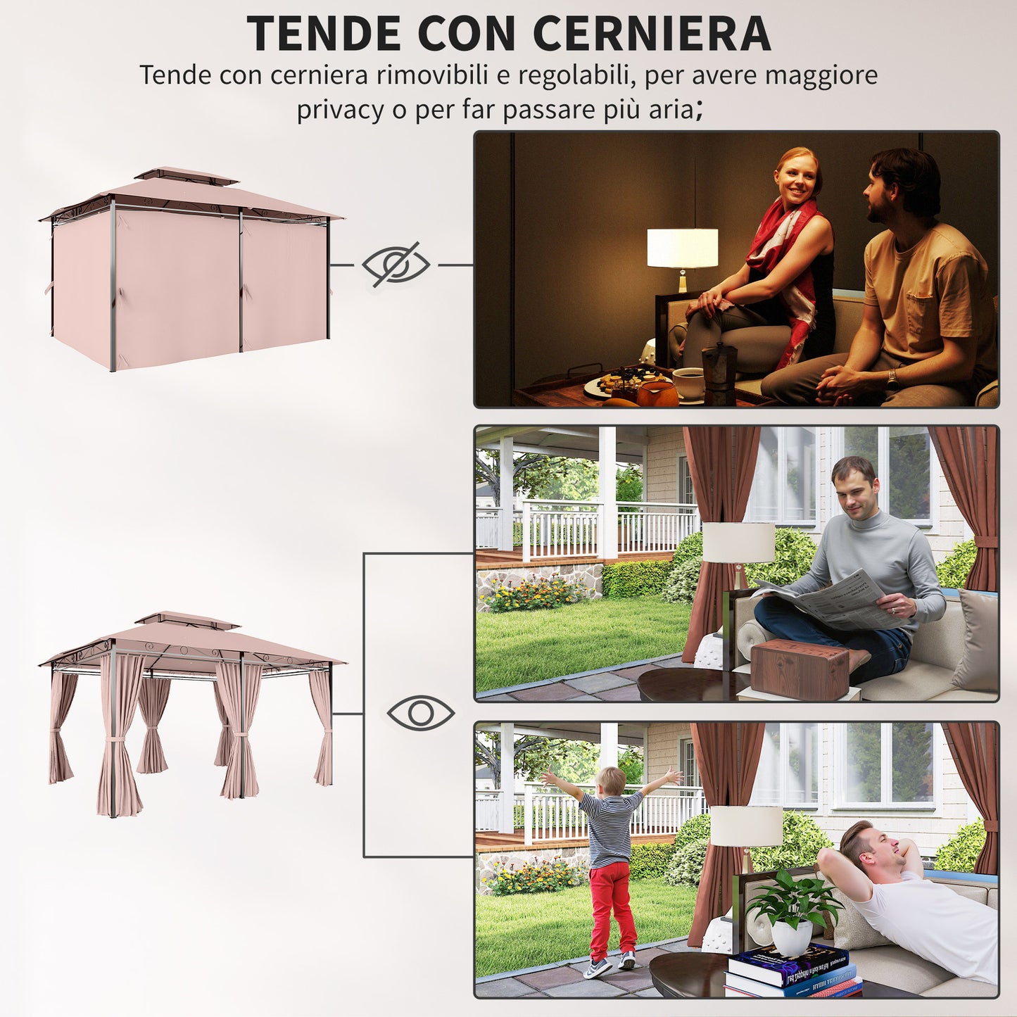 Gazebo de Jardín 4x3m con Doble Techo y Cortinas Laterales en Acero y Poliéster, Color Caqu