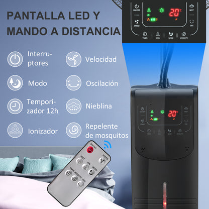 Ventilador de Pie Oscilante con Nebulizador 90W con Control Remoto 5 Aspas Tanque de Agua 3,1 L 44,5x44,5x135 cm Negro