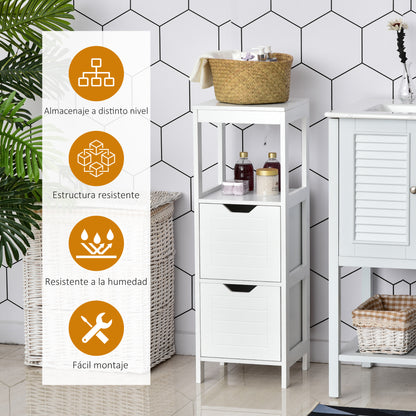 Armario de Baño Gabinete Multifuncional con Estante Abierto 2 Cajones de Almacenaje Diseño Antivuelco 30x30x89 cm Blanco
