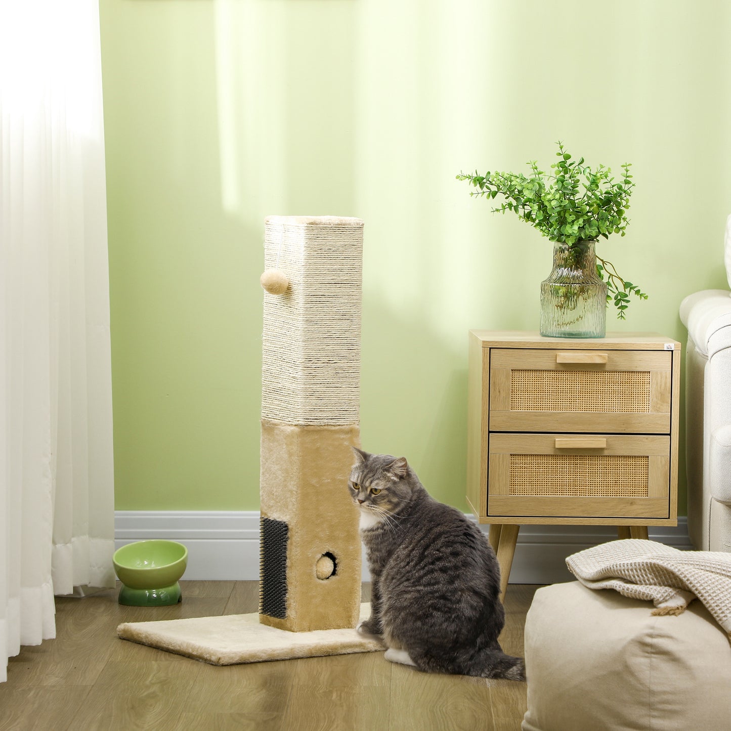Rascador para Gatos de Yute con Base de Alfombra y Juguete Colgante - Beige
