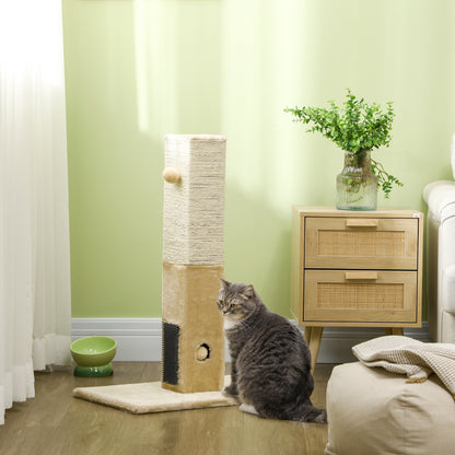 Rascador para Gatos de Yute con Base de Alfombra y Juguete Colgante - Beige