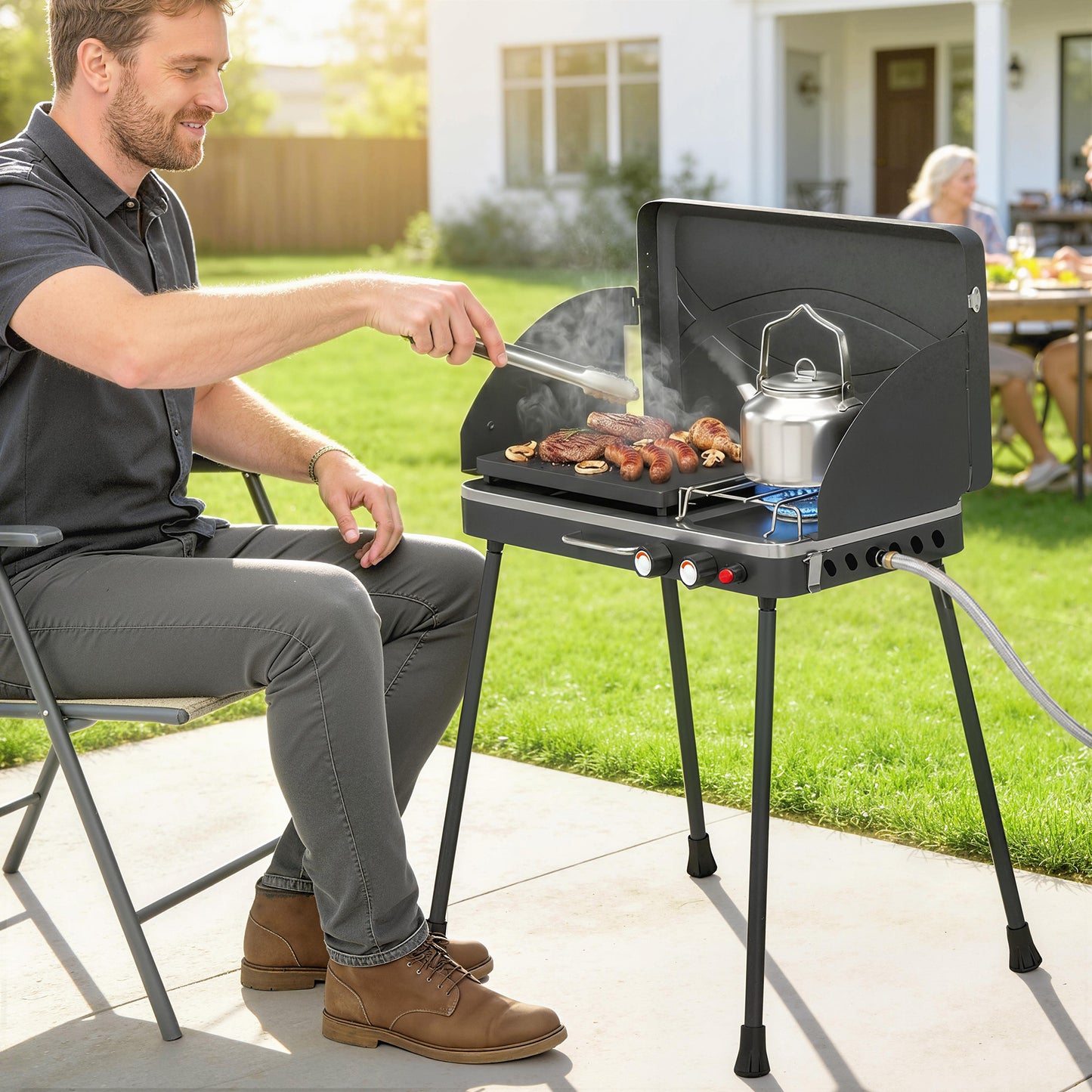 Barbacoa de Gas Portátil 2 en 1 Propano 7 kW de Mesa o de Pie con Plancha Grande Patas Desmontables Negro
