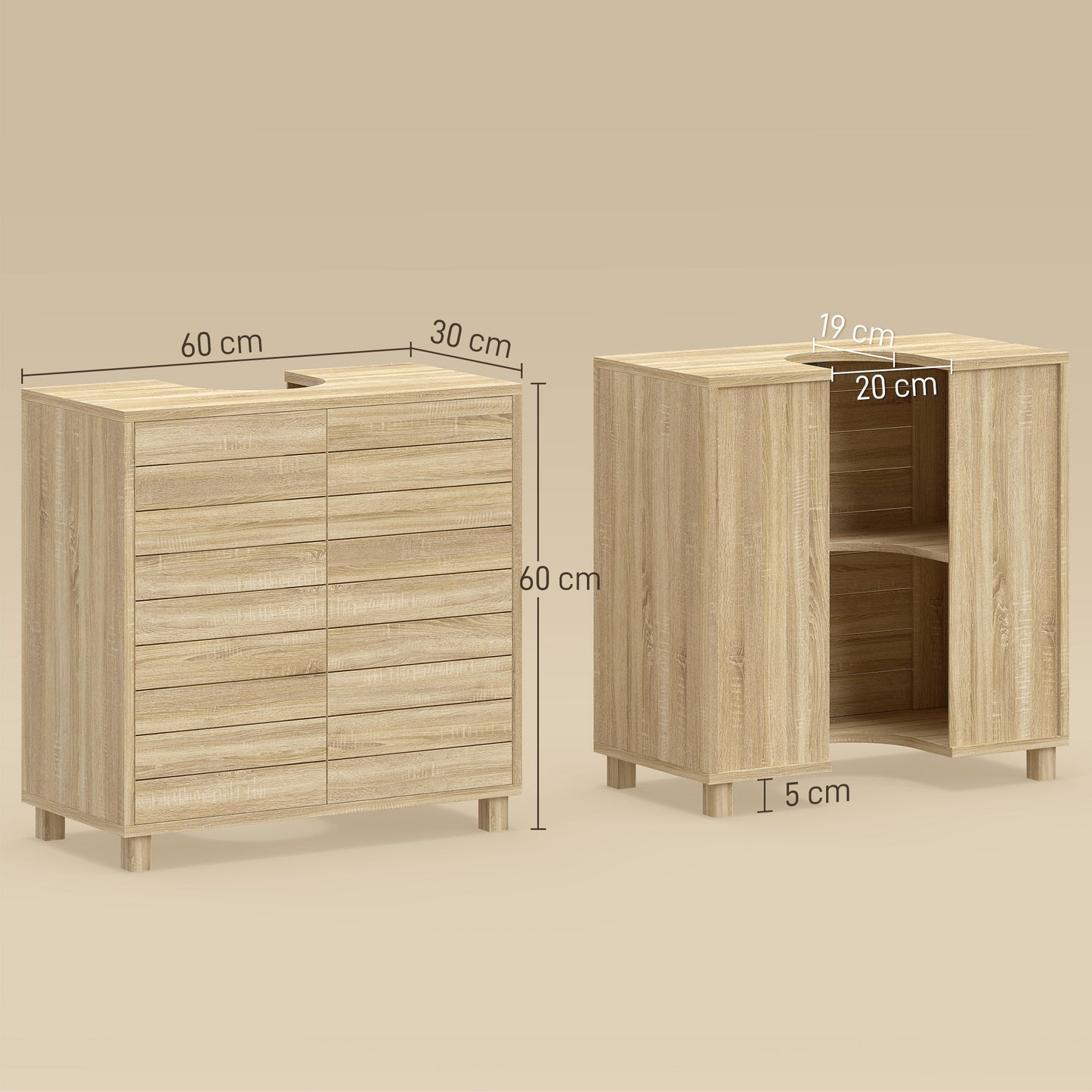 Mueble Bajo Lavabo con Estante Ajustable Puertas de Listones y Apertura por Presión para Lavabo con Pedestal o Pared