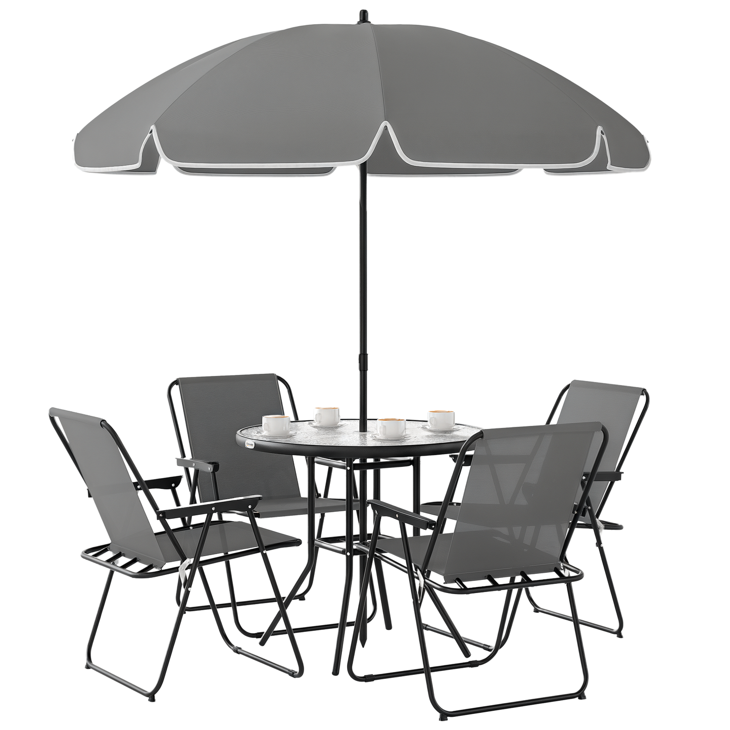4 Seater Garden Furniture Set, 6 Pieces Garden Table and Chairs with Parasol, Outdoor Garden Dining Set with Folding Chairs and Round Glass Top Table for Patio, Grey