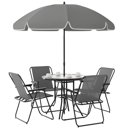 4 Seater Garden Furniture Set, 6 Pieces Garden Table and Chairs with Parasol, Outdoor Garden Dining Set with Folding Chairs and Round Glass Top Table for Patio, Grey