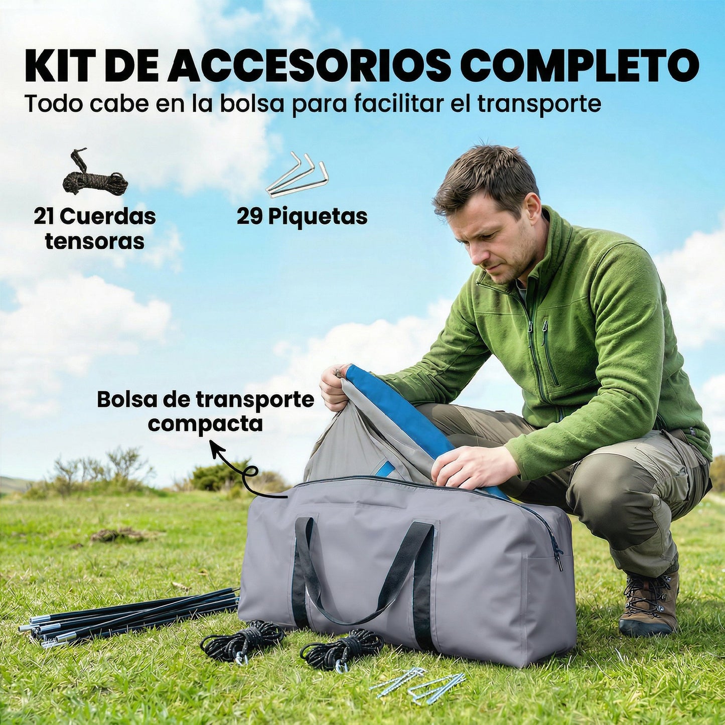 Tienda de Campaña Familiar Tipo Túnel para 5 Personas con 3 Habitaciones Puerta 4 Ventanas Impermeable Fácil Montaje