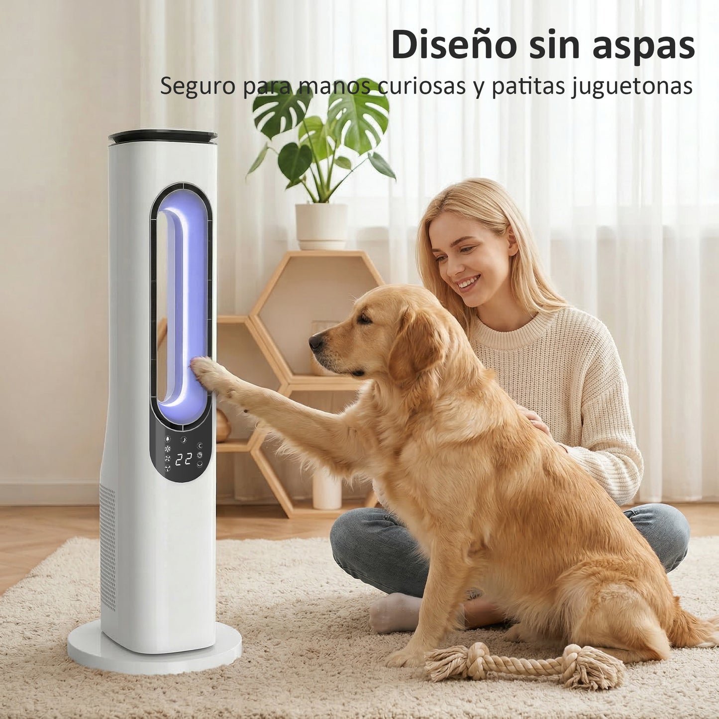 Ventilador de Torre sin Aspas con Luces LED Control Remoto 3 Velocidades 3 Modos Temporizador 15H Oscilación 50° Blanco
