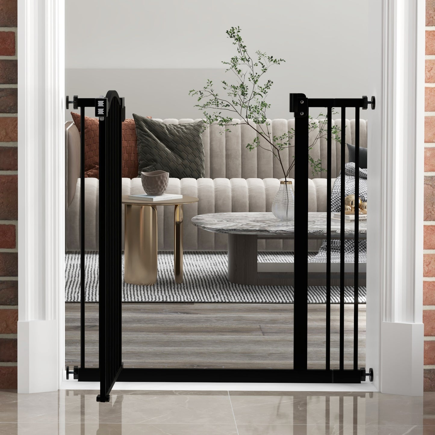 Puerta de seguridad para mascotas ajustable de metal 74-87 cm con puerta de cierre automático Negra