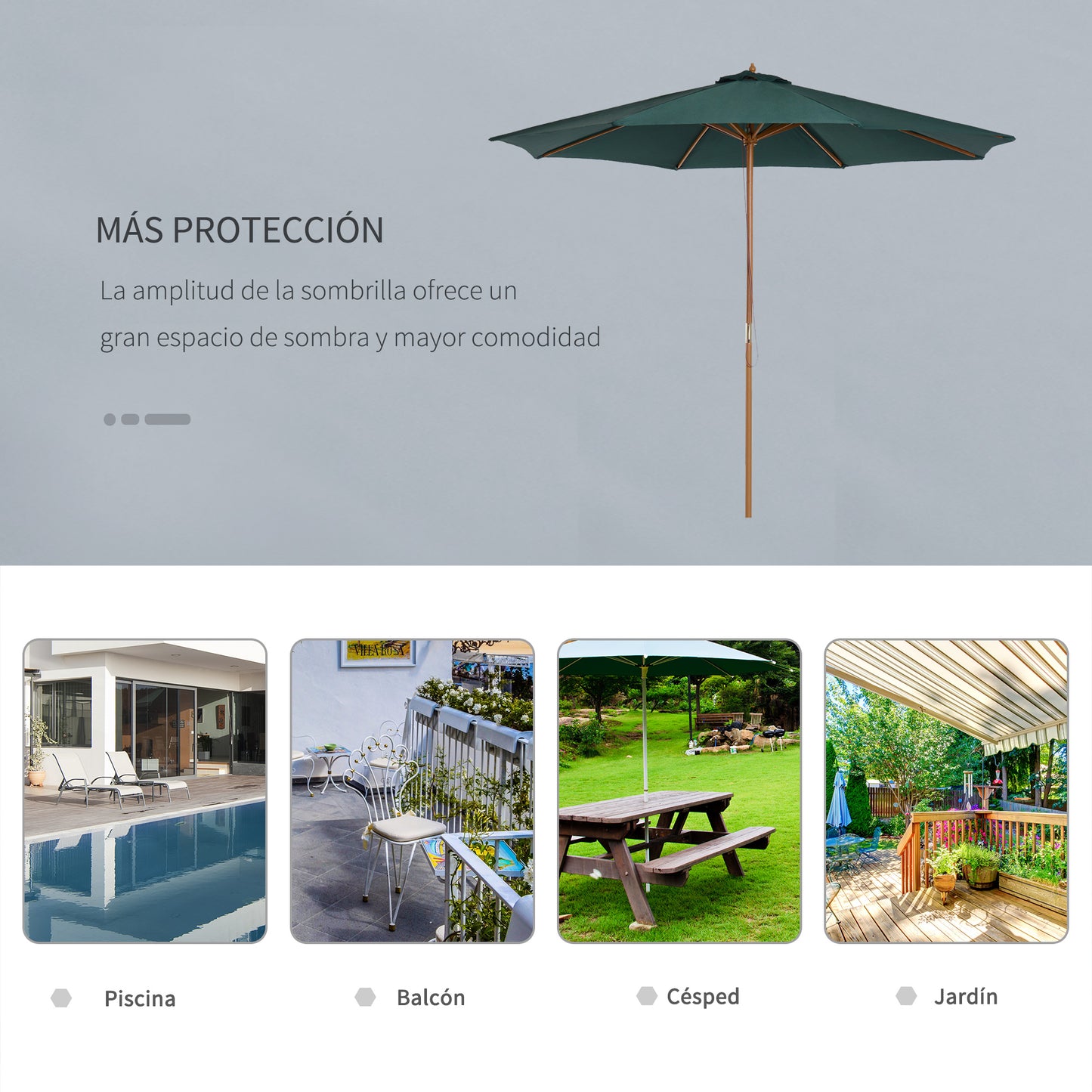 Sombrilla de patio de madera de 3(m), parasol de jardín operado por polea con mecanismo de cuerda y 8 varillas, verde oscuro