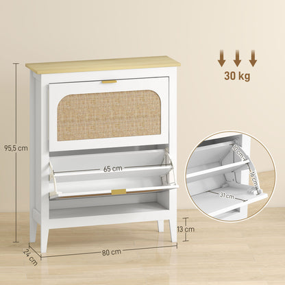 Armario estrecho para zapatos, gabinete delgado estilo boho con 2 cajones abatibles, capacidad para 14 pares, blanco