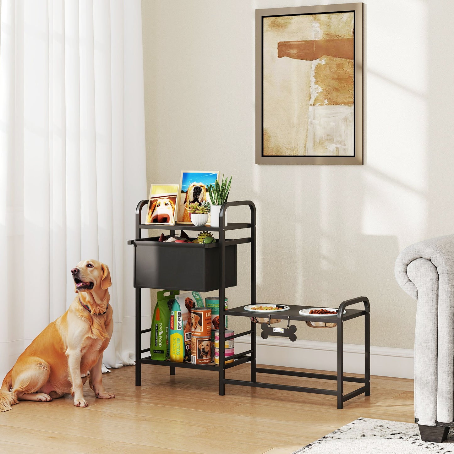 Comedero Perro Elevado con Cajón de Tela 2 Cuencos de Acero Inoxidable 2x800 ml Altura Ajustable 2 Estantes Negro