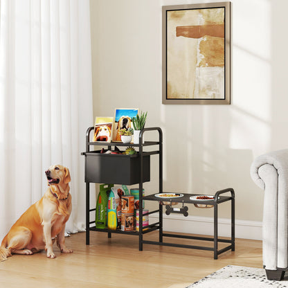 Comedero Perro Elevado con Cajón de Tela 2 Cuencos de Acero Inoxidable 2x800 ml Altura Ajustable 2 Estantes Negro