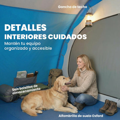 Tienda de Campaña Familiar Tipo Túnel para 5 Personas con 3 Habitaciones Puerta 4 Ventanas Impermeable Fácil Montaje