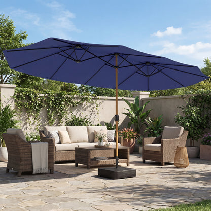 Sombrilla Doble de Jardín 4,7x2,8 m con Base Incluida Manivela Sacos de Arena Protección UV Impermeable Azul Oscuro
