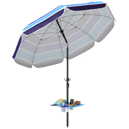 Sombrilla de Playa con Mesa Plegable y Portavasos Ø198 cm Altura Ajustable Inclinación Bolsa de Transporte Multicolor