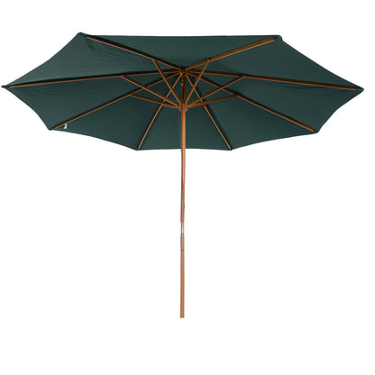 Sombrilla de patio de madera de 3(m), parasol de jardín operado por polea con mecanismo de cuerda y 8 varillas, verde oscuro