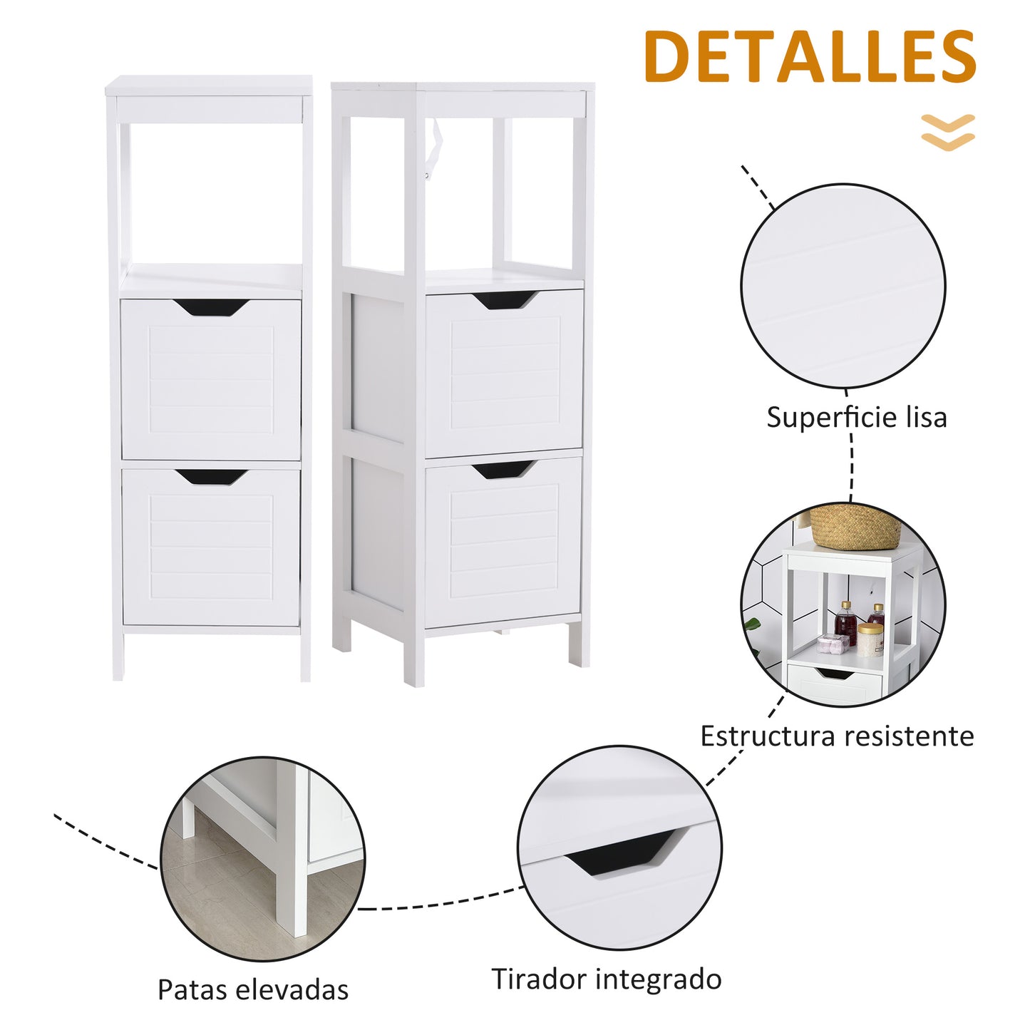 Armario de Baño Gabinete Multifuncional con Estante Abierto 2 Cajones de Almacenaje Diseño Antivuelco 30x30x89 cm Blanco