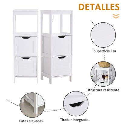 Armario de Baño Gabinete Multifuncional con Estante Abierto 2 Cajones de Almacenaje Diseño Antivuelco 30x30x89 cm Blanco