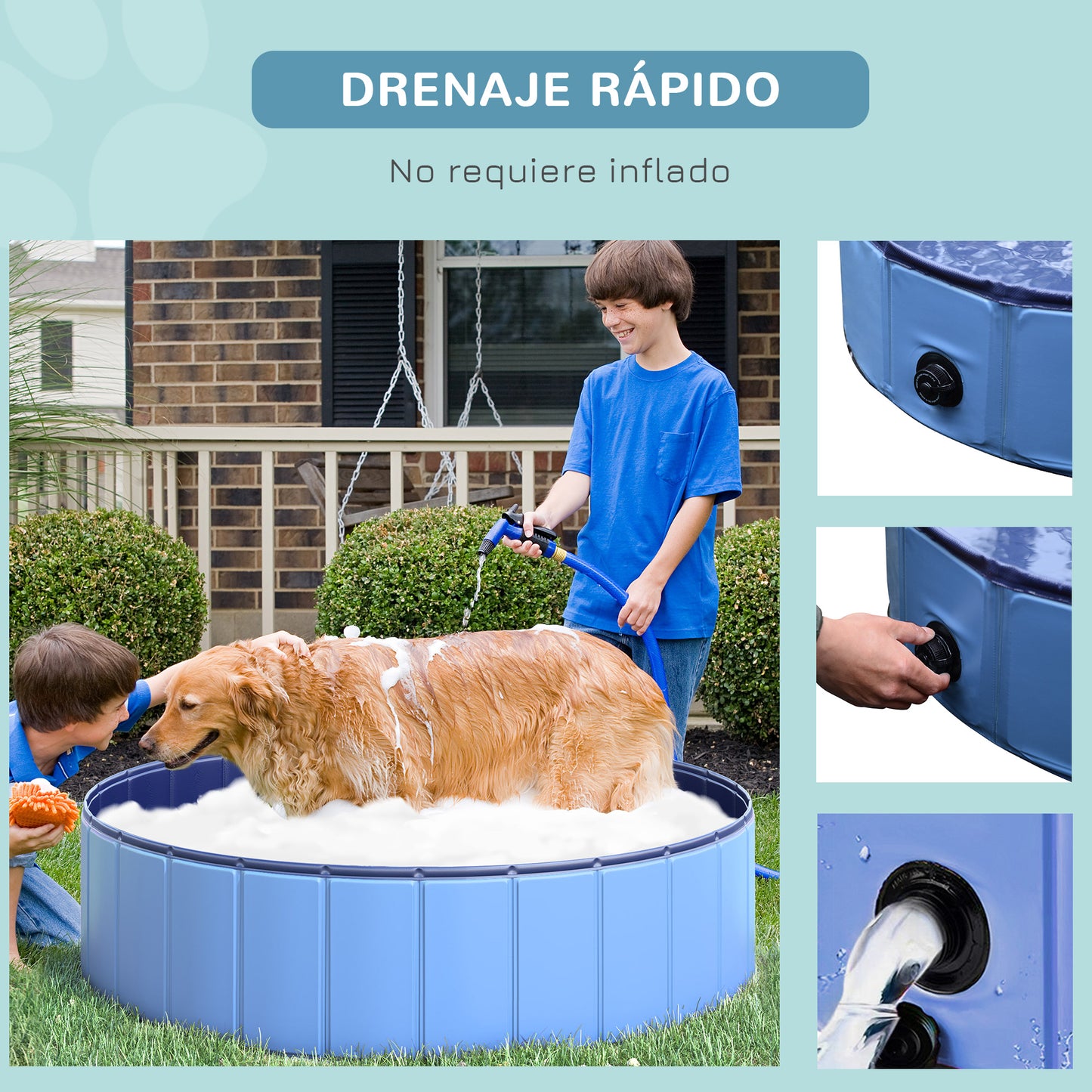 Piscina para Perros, Piscina Plegable para Perros, Plástico Duro e Impermeable, Bañera Portátil para Mascotas con Base Antideslizante y Orificio de Drenaje, para Interior, Exterior, Jardín, Patio, 120 x 30 cm, Azul