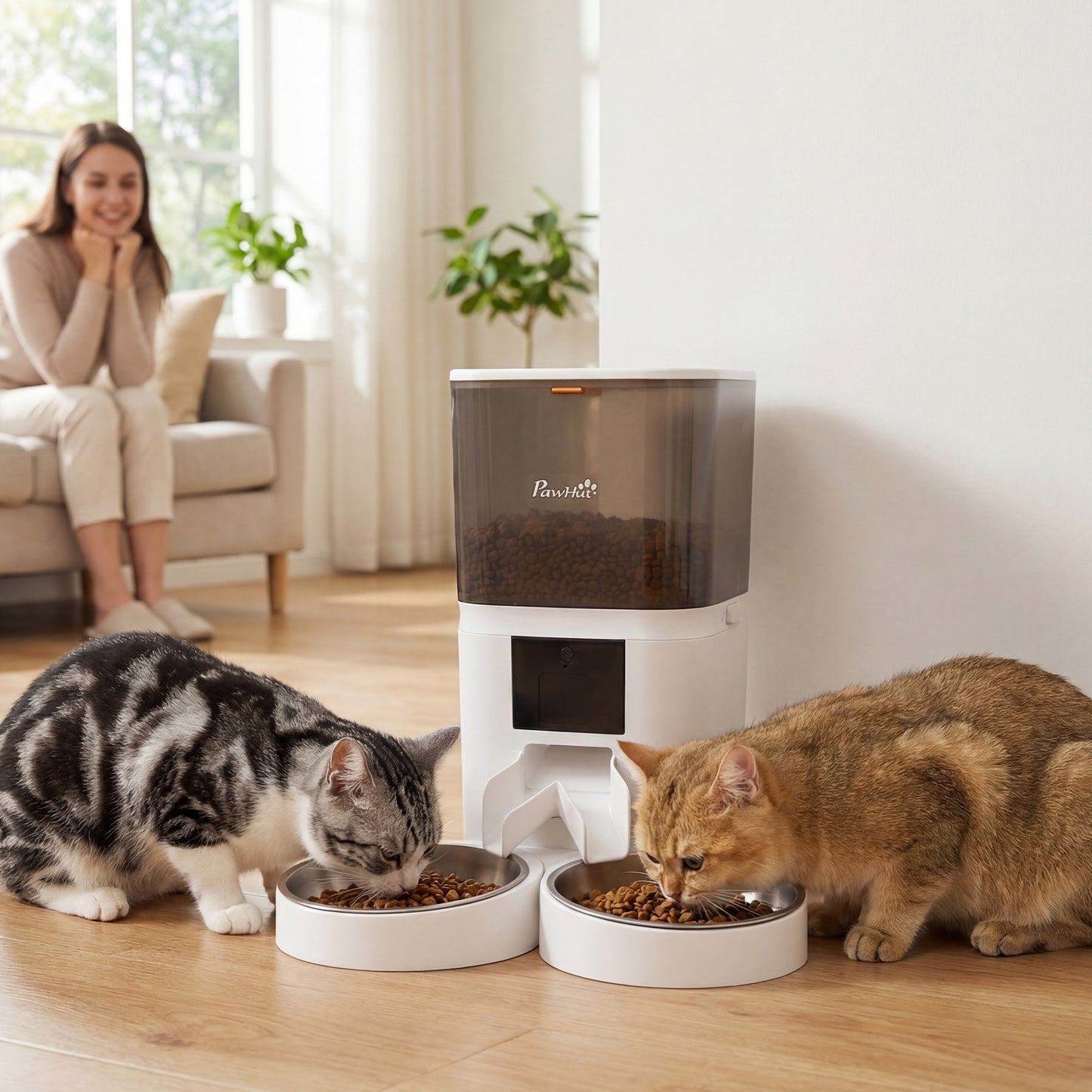 Comedero Automático 6L WiFi 2.4G con Control App 2 Cuencos Programable 1-10 Comidas Grabadora Voz 10s Fácil de Limpiar