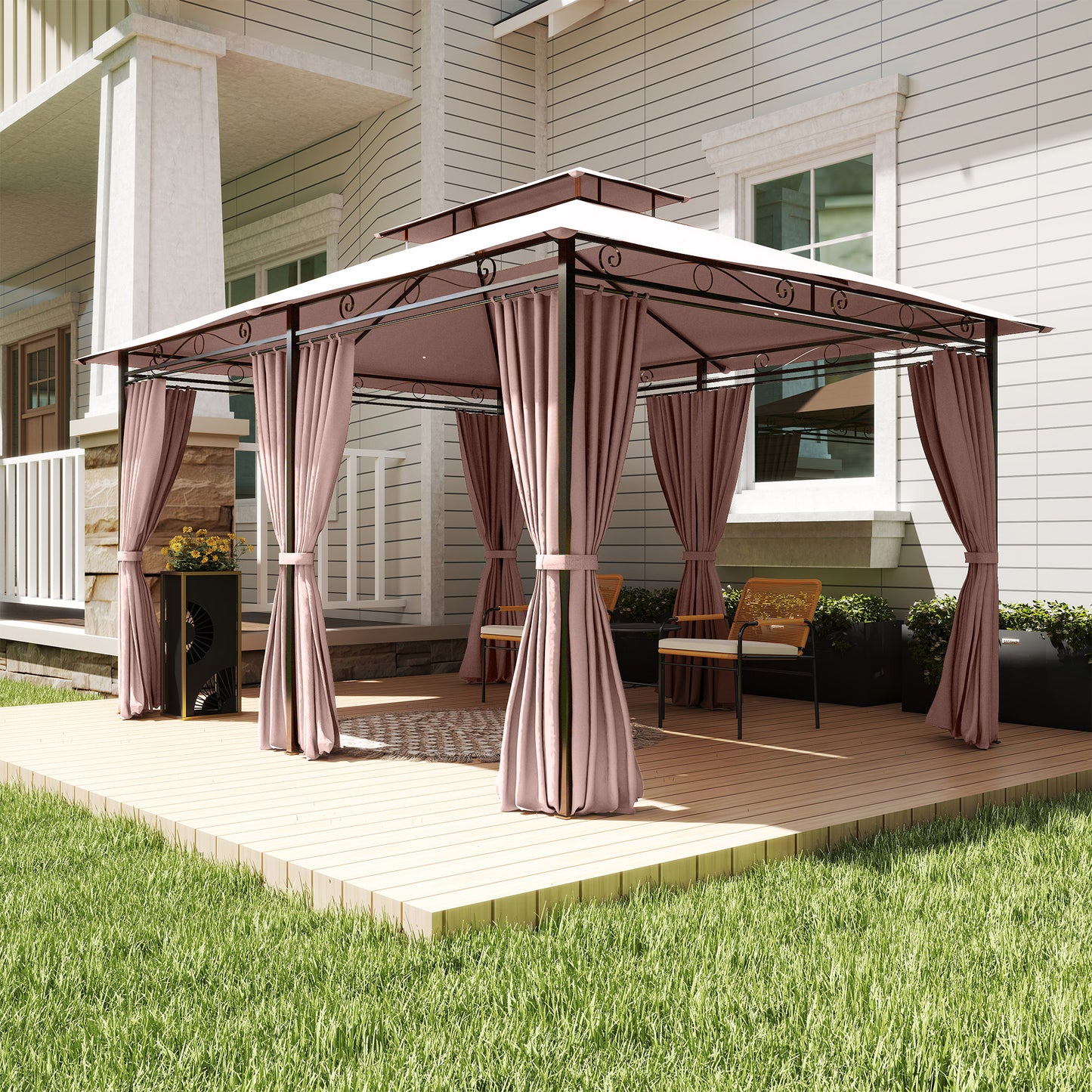 Gazebo de Jardín 4x3m con Doble Techo y Cortinas Laterales en Acero y Poliéster, Color Caqu