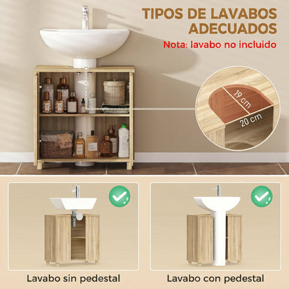 Mueble Bajo Lavabo con Estante Ajustable Puertas de Listones y Apertura por Presión para Lavabo con Pedestal o Pared