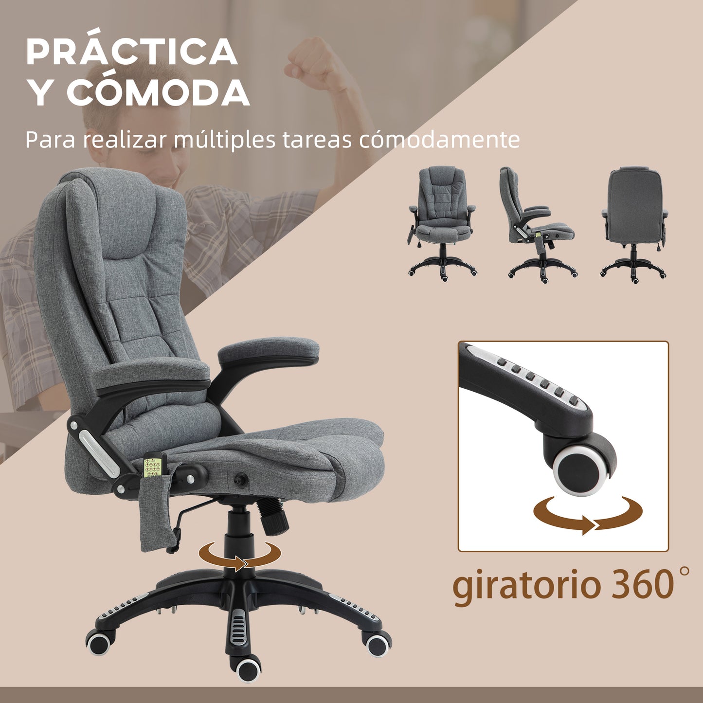 Silla de Masaje con 6 Puntos de Masaje con Función de Calefacción Altura Ajustable y Ruedas 68x72x110-120 cm Gris