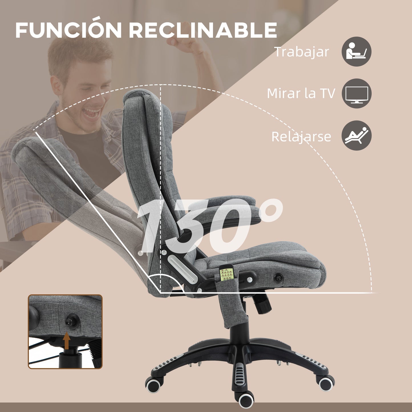 Silla de Masaje con 6 Puntos de Masaje con Función de Calefacción Altura Ajustable y Ruedas 68x72x110-120 cm Gris