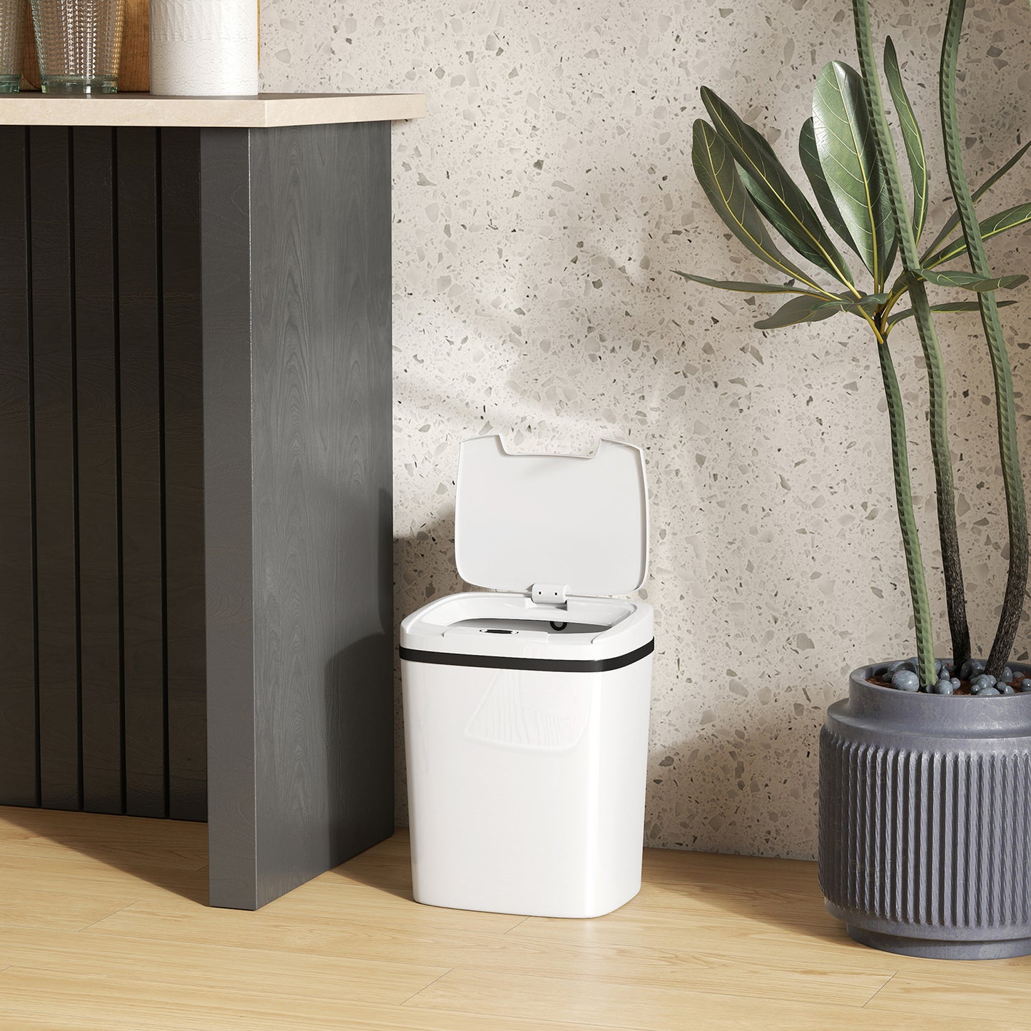 Cubo de sensor de 15L, cubo de cocina automático sin contacto, fácil de limpiar, funciona con batería para hogar, oficina, dormitorio, baño, blanco