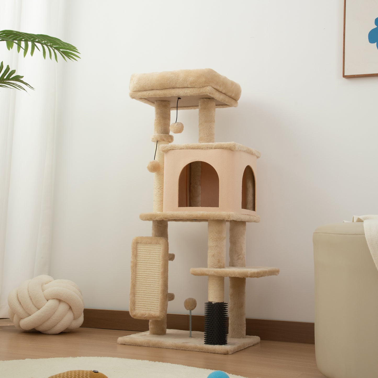 Árbol Rascador para Gatos Altura 104cm con Plataformas Poste con Cepillo Bolas Colgantes y Almohadilla para Rascar Beige