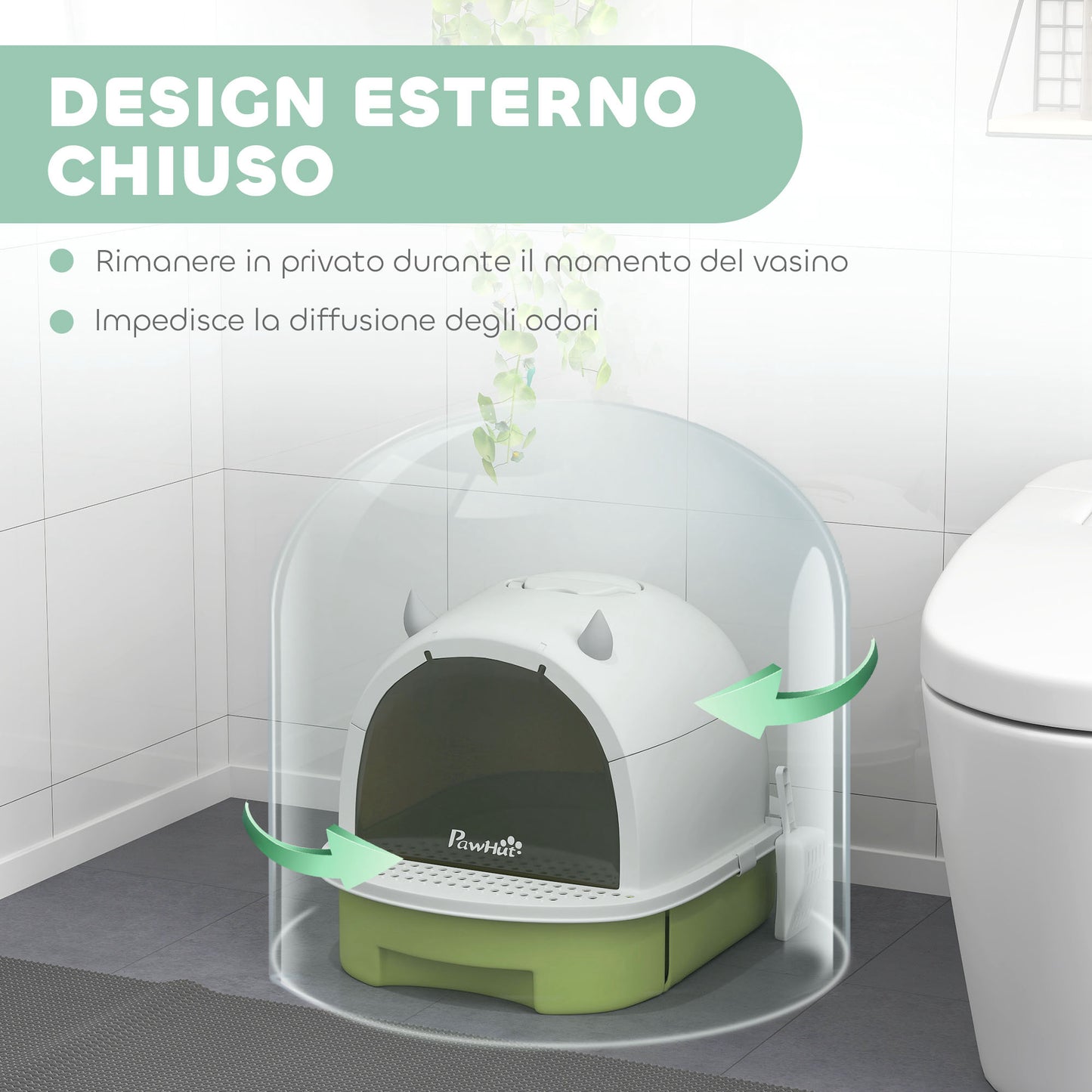 Arenero Cerrado para Gatos con Bandeja Extraíble Filtro de Carbono Pala y Asa Superior 40,5x52x39 cm Blanco y Verde