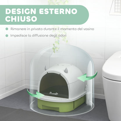 Arenero Cerrado para Gatos con Bandeja Extraíble Filtro de Carbono Pala y Asa Superior 40,5x52x39 cm Blanco y Verde