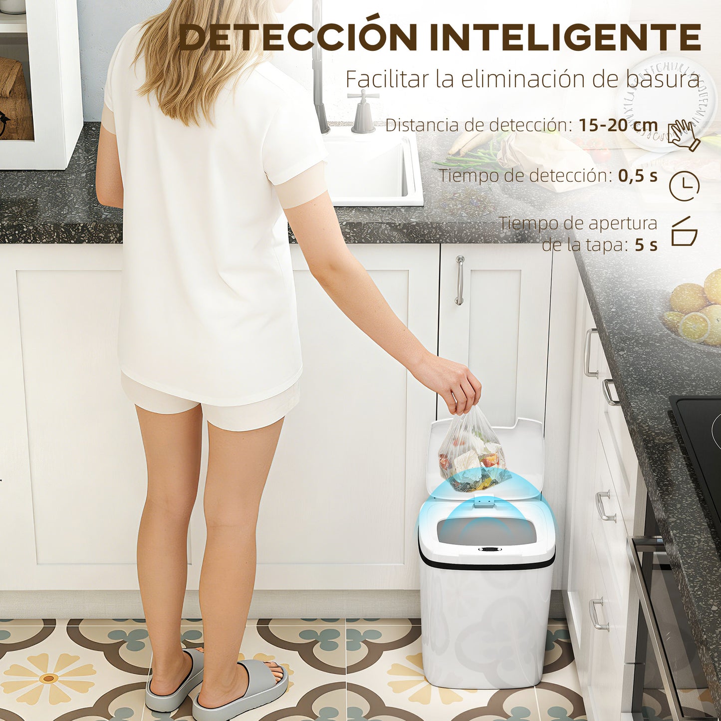 Cubo de sensor de 15L, cubo de cocina automático sin contacto, fácil de limpiar, funciona con batería para hogar, oficina, dormitorio, baño, blanco