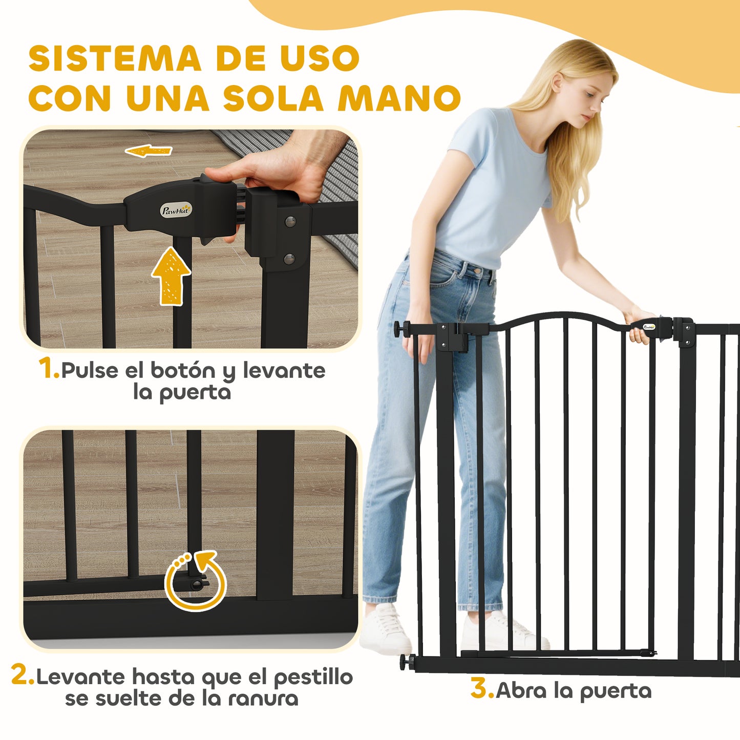 Puerta de seguridad para mascotas ajustable de metal 74-87 cm con puerta de cierre automático Negra
