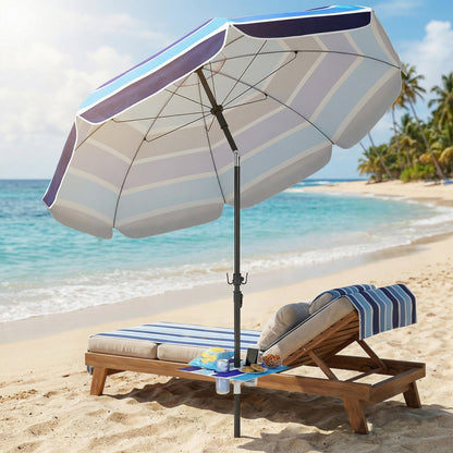 Sombrilla de Playa con Mesa Plegable y Portavasos Ø198 cm Altura Ajustable Inclinación Bolsa de Transporte Multicolor