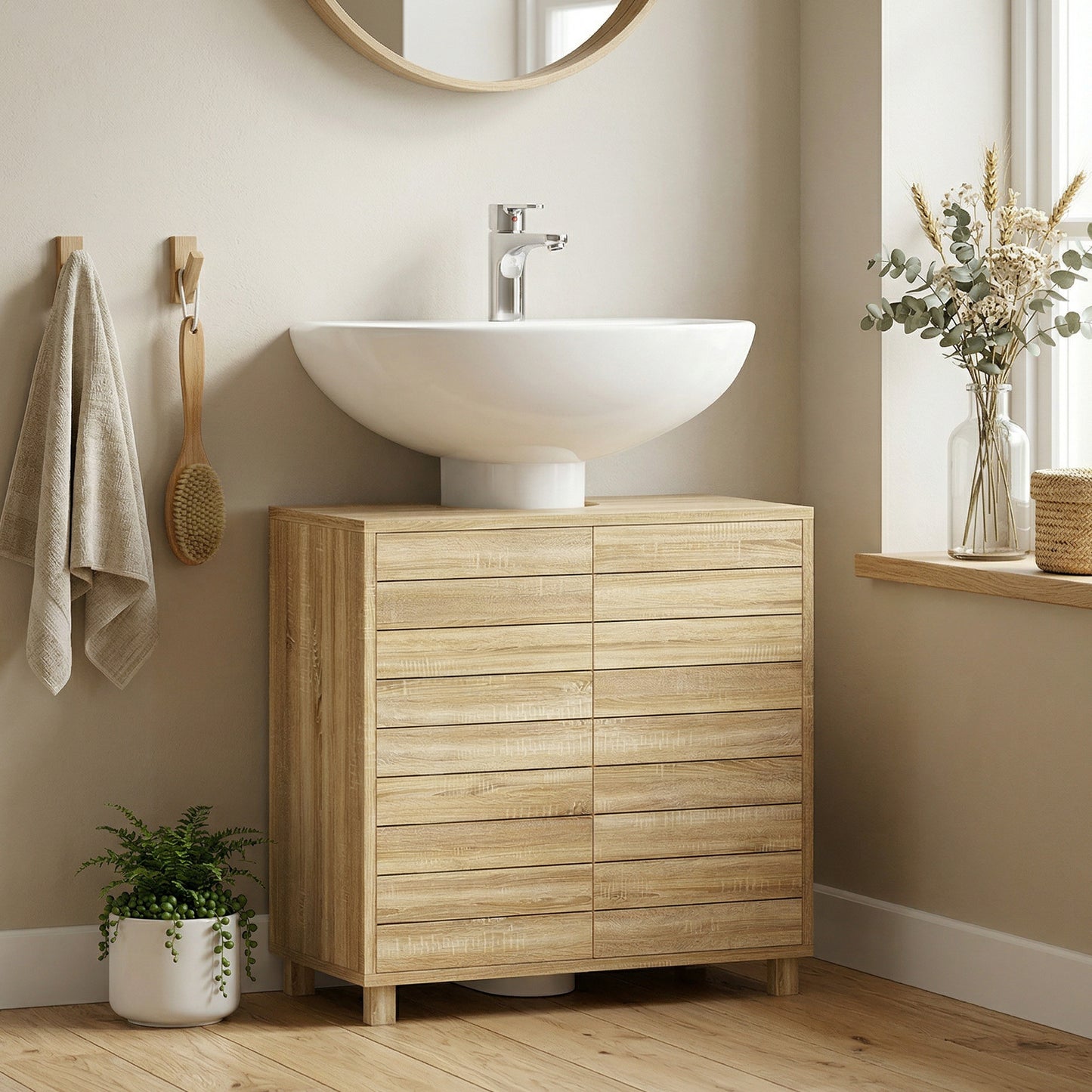 Mueble Bajo Lavabo con Estante Ajustable Puertas de Listones y Apertura por Presión para Lavabo con Pedestal o Pared