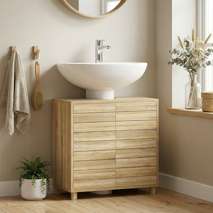 Mueble Bajo Lavabo con Estante Ajustable Puertas de Listones y Apertura por Presión para Lavabo con Pedestal o Pared